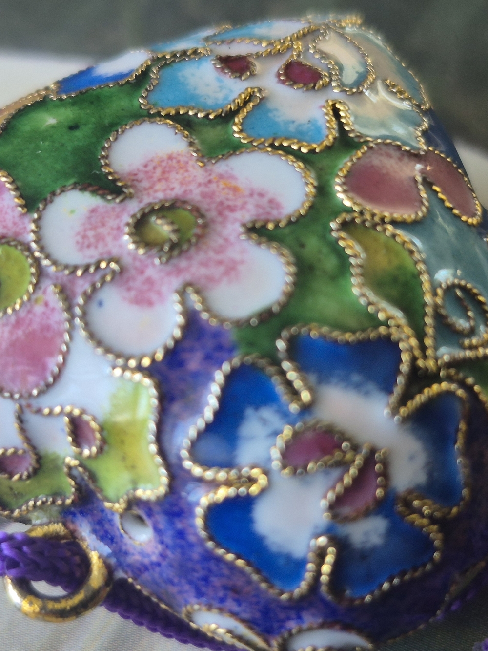 Floral Cloisonné Heart Pendant Necklace - Purple, Blue & Green - Picture 6 of 10